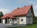 Nowoczesny projekt elewacji domu z czerwonym dachem, garażem i balkonem.