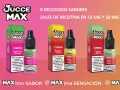 Tres botellas de e-juice Juccé Max con sabores Chicle de Menta, Mango y Fresa, y Fresa y Melón.