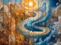 Un escalier céleste serpente à travers des nuages bleus et dorés, dans un style de peinture onirique. Des figures mythologiques flottent dans ce paysage éthéré.