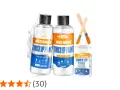 Dos botellas de barniz de retoque multi-superficie, dos pinceles y un recipiente. Ideal para reparaciones rápidas.