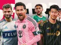 Cuatro jugadores de la MLS: Thomas Müller, Lionel Messi, un jugador de Austin FC y Son Heung-min, listos para la acción.