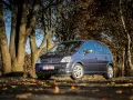 Ein dunkelgrauer Opel Meriva 2009 steht auf einem herbstlich gefärbten Weg, umgeben von Bäumen mit gelben Blättern.