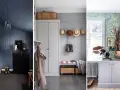 Trekvåningshall med mörkblå väggar, en grå garderob med hattar och en hall med blommig tapet. Lång hall inspiration.