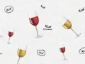 Kieliszki z czerwonym i białym winem unoszą się na tle, a napisy "Kcal" sugerują, ile kalorii ma wino.