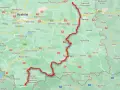 Mapa z zaznaczonymi trasami rowerowymi w okolicach Nowego Sącza i dalej na północ.