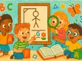 Niños aprenden con alegría. Un niño señala la letra "G" en un tablero, otro sostiene la "A", mientras una niña usa una lupa. ¡Una escena de iniciación a la lectura!
