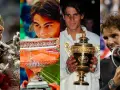 Rafael Nadal celebra sus grand slams, mostrando la gloria de sus victorias en el tenis.
