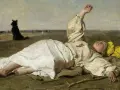Dziewczyna odpoczywa na łące, pilnowana przez czarnego psa. Obraz ten to jeden z najsłynniejszych polskich obrazów.