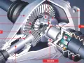 Przekrój mechanizmu dyfer, ukazujący koła zębate, łożyska i półosie.