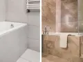 Salle de bain moderne avec baignoire et douche, habillage baignoire carrelage élégant.
