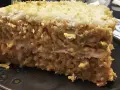 Una fetta di riso al forno, stratificato e dorato, con una crosta croccante di pangrattato.