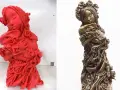 A red 3D printed model of a girl holding flowers, ready for casting, compared to the finished bronze sculpture.
