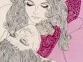 Dessin d'un homme et d'une femme enlacés, aux cheveux bouclés. L'homme, au regard clos, semble inspirer une **sade ecrivain** qui le contemple tendrement.