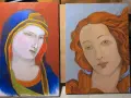 Deux portraits de femmes en peinture tempera. L'une porte une cape bleue et dorée, l'autre a de longs cheveux roux.