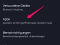 Android-Menü mit hervorgehobener Option "Apps" und Pfeil.