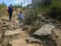 Dzieci i rodzic wędrują kamienistymi szlakami w Lądku Zdroju, ciesząc się pięknem natury i leśnymi krajobrazami.