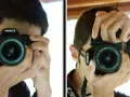 Un jeune homme apprend à photographier, tenant un appareil Canon pour capturer son reflet.