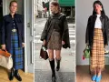 Tre donne sfoggiano gonne con la classica trama Burberry: una blu, una marrone e una gialla.