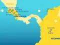 Mapa pokazuje, gdzie leży Kostaryka, między Nikaraguą a Panamą. Zaznaczone są lotniska i główne miasta.