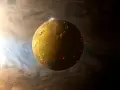 Aktywny wulkaniczny księżyc Io, część kolekcji planet metal, świeci czerwonymi punktami na tle wirującego Jowisza.