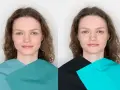 Kobieta o brązowych włosach, z zielonymi oczami, prezentuje typ urody lato. Kolory tkanin podkreślają jej subtelne piękno.