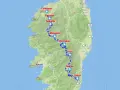 Carte de la Corse montrant le parcours du GR20, avec des points de repère comme Calinzana, Corte, Vizzavona, et Conca. Le dénivelé est implicite dans le relief montagneux.