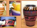 Proceso de pintura para tinajas de barro, mostrando la aplicación de cinta y colores vibrantes con diseños de animales.