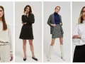 Eleganckie stylizacje do szkoły: beżowy komplet, czarna sukienka, tweedowy zestaw i biała bluzka z czarnymi spodniami.