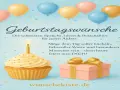 Geburtstagskuchen mit Kerze, Geschenkbox und Ballons vor blauem Hintergrund.