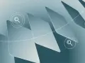 Abstract geometric shapes with magnifying glass icons and a dotted line with an arrow, symbolizing the search for business credit with no personal guarantee.