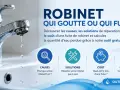 Un robinet chromé goutte dans un lavabo blanc. Le texte explique pourquoi un robinet goutte et propose des solutions.