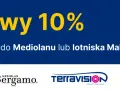 Kod rabatowy 10% na transfer z lotniska Bergamo do Mediolanu lub Malpensa. Logo Bergamo i TerraVision.