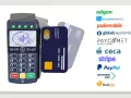 Terminal de pago con tarjetas y logos de pasarelas de pago, ideal para integrar en programas de TPV.