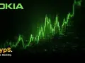 Zielony wykres świecowy symbolizujący akcje Nokia, z logo Nokia i Cryps. Crypto. Society.