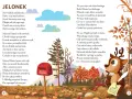 Ilustracja z tekstem "JELONEK" i wierszem o jelonku marzącym o pracy u Świętego Mikołaja. W tle jesienny las, skrzynka "BIEGUN PÓŁNOCNY" i renifer piszący list. To inspiracja do wiejskie przyśpiewki teksty.