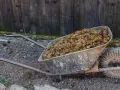 Brouette remplie de fumier de cheval, riche en valeur NPK pour le jardin.