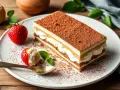 Un délicieux tiramisu, fait avec 500g de mascarpone, garni de cacao et accompagné d'une fraise et d'une cuillère dorée.
