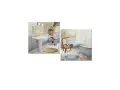 Dos cuadros de baños estilo vintage: uno con lavabo y otro con bañera azul.