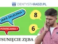 Mężczyzna z bólem zęba, dymki z pytaniami "Jakie zalecenia?", "Powikłania?", liczby 8 i 6. Temat: usunięcie zęba, resekcja zęba rekonwalescencja.