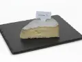 Une part de brie de Nangis, crémeux et à la croûte fleurie, repose sur une ardoise.