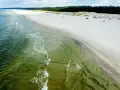 Plaża Słajszewo: szeroka, piaszczysta plaża z zielonymi wodami Bałtyku i lasem w tle. Idealne miejsce na spokojny spacer.