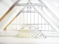 Progetto di una mansarda casa con letto, armadi e travi a vista.