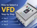 Panel sterowania z wyświetlaczem cyfrowym i przyciskami, obok tekst "How to Select a VFD Step by Step". To jest przetwornik częstotliwości.