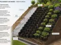 Wzmocnienie skarpy geokratą: ułożenie geowłókniny, mocowanie geokraty, wypełnianie komórek ziemią i sadzenie roślin okrywowych.
