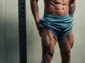 Muskulös person visar upp sina ben på gymmet.