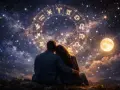 Para wpatrzona w gwiazdy, gdzie krąg zodiaku symbolizuje skorpion i waga związek. Księżyc w pełni oświetla ich wspólną drogę.