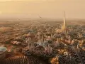 Futurystyczne miasto z dominującą, lśniącą rise tower. Latające pojazdy i okrągłe struktury na pustynnym krajobrazie.