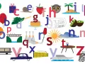 Kolorowe litery alfabetu i przedmioty: drzewo, prezent, ślimak, truskawka, sowa, palma, książka, smok, tort, gazeta, kiwi, dom, pomarańcze, balon, most, kręgle, róża, słońce, chmura, gitara, wagon, xylophone, samochód, jacht, zebra.