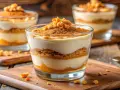 Deliciosa serradura portuguesa en capas, con galleta triturada y crema suave, servida en vasos de vidrio sobre tablas de madera.