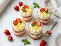 Quatre verrines de dessert fraise mascarpone, garnies de fraises fraîches, de menthe et de zeste de citron.